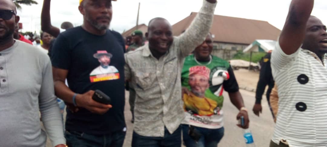 Pix: Barr. Akpowowo 2nd left with his supporters after he had been declared winner of the PDP primaries election fir house of Assembly today