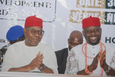 Delta State Deputy Governor, Sir Monday Onyeme (left) with NNU PG, Comrade Amechi Asuguni, during 2025 Ndokwa Annual General Conference held on Dec. 30 in Kwale.