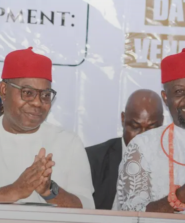 Delta State Deputy Governor, Sir Monday Onyeme (left) with NNU PG, Comrade Amechi Asuguni, during 2025 Ndokwa Annual General Conference held on Dec. 30 in Kwale.