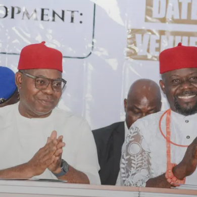 Delta State Deputy Governor, Sir Monday Onyeme (left) with NNU PG, Comrade Amechi Asuguni, during 2025 Ndokwa Annual General Conference held on Dec. 30 in Kwale.