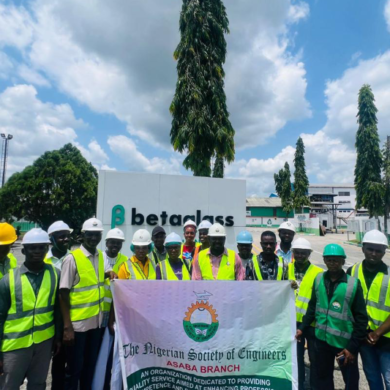 6th from right, the chairman Nigeria Society of Engineers NSE Asaba branch, Engr Ikechukwu Osunde and other engineers during an industrial visit to Beta Glass Delta plant in Ughelli Delta State.