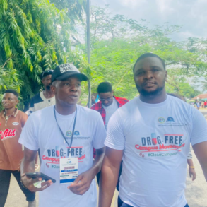 Comrade Victor Ogechukwu (right) during the drug movement in Calabar, Cross River state.