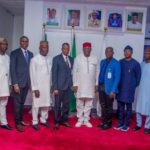 4th from left, the Director General, the international Maritime Institute, Rear Admiral Thaddeus Udofia (Rtd) and 4th from right, the Vice Chancellor Admiralty University of Nigeria (ADUN) Professor Christopher Ogbogbo and other management team shortly after their meeting at the institution at Ibusa, Delta State.
