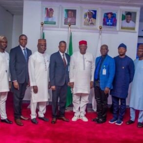 4th from left, the Director General, the international Maritime Institute, Rear Admiral Thaddeus Udofia (Rtd) and 4th from right, the Vice Chancellor Admiralty University of Nigeria (ADUN) Professor Christopher Ogbogbo and other management team shortly after their meeting at the institution at Ibusa, Delta State.