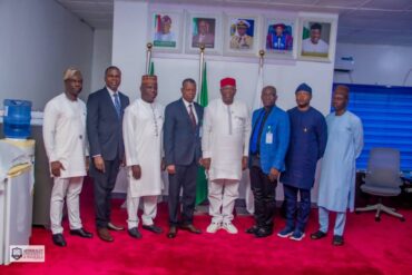 4th from left, the Director General, the international Maritime Institute, Rear Admiral Thaddeus Udofia (Rtd) and 4th from right, the Vice Chancellor Admiralty University of Nigeria (ADUN) Professor Christopher Ogbogbo and other management team shortly after their meeting at the institution at Ibusa, Delta State.