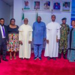 The Vice-Chancellor of Admiralty University of Nigeria (ADUN), Professor Christopher Ogbogbo, in a group photograph with members of the Chaplaincy Council of the Stella Maris Catholic Chaplaincy, ADUN, shortly after a courtesy visit to the Vice-Chancellor at the university's main campus in Ibusa, Delta State.