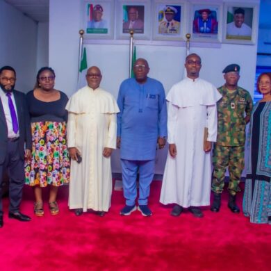 The Vice-Chancellor of Admiralty University of Nigeria (ADUN), Professor Christopher Ogbogbo, in a group photograph with members of the Chaplaincy Council of the Stella Maris Catholic Chaplaincy, ADUN, shortly after a courtesy visit to the Vice-Chancellor at the university's main campus in Ibusa, Delta State.