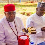 On the left, the Vice Chancellor Admiralty University of Nigeria (ADUN), Professor Christopher Ogbogbo and the Registrar of the Institution, Navy Captain Amed Tijani Abdulahi during the 2026 new yam festival celebration in the institution at Ibusa, Delta State.