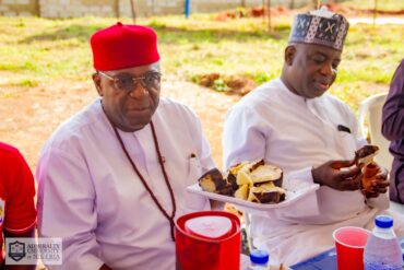On the left, the Vice Chancellor Admiralty University of Nigeria (ADUN), Professor Christopher Ogbogbo and the Registrar of the Institution, Navy Captain Amed Tijani Abdulahi during the 2026 new yam festival celebration in the institution at Ibusa, Delta State.