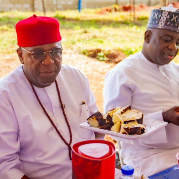 On the left, the Vice Chancellor Admiralty University of Nigeria (ADUN), Professor Christopher Ogbogbo and the Registrar of the Institution, Navy Captain Amed Tijani Abdulahi during the 2026 new yam festival celebration in the institution at Ibusa, Delta State.