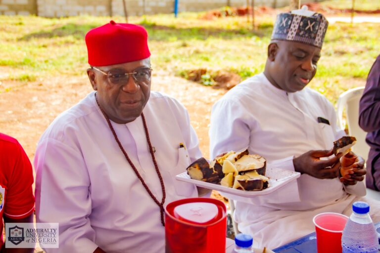 On the left, the Vice Chancellor Admiralty University of Nigeria (ADUN), Professor Christopher Ogbogbo and the Registrar of the Institution, Navy Captain Amed Tijani Abdulahi during the 2026 new yam festival celebration in the institution at Ibusa, Delta State.